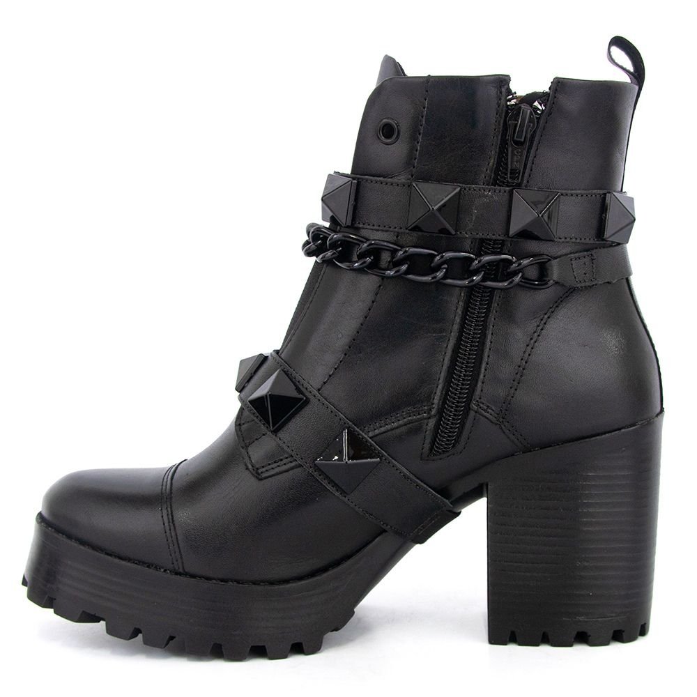 Bota Coturno Couro Feminino Zíper Elástico Frontal Tiras Corrente Spike Removível Salto Tratorado Preto 6
