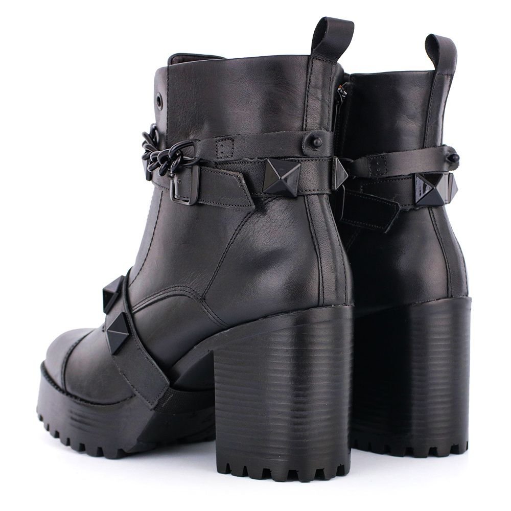 Bota Coturno Couro Feminino Zíper Elástico Frontal Tiras Corrente Spike Removível Salto Tratorado Preto 7