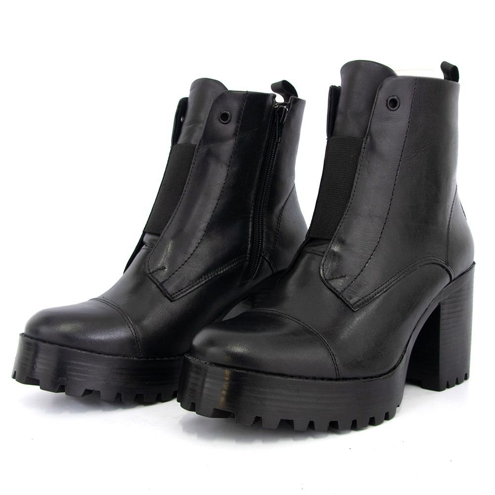 Bota Coturno Couro Feminino Zíper Elástico Frontal Tiras Corrente Spike Removível Salto Tratorado Preto 8