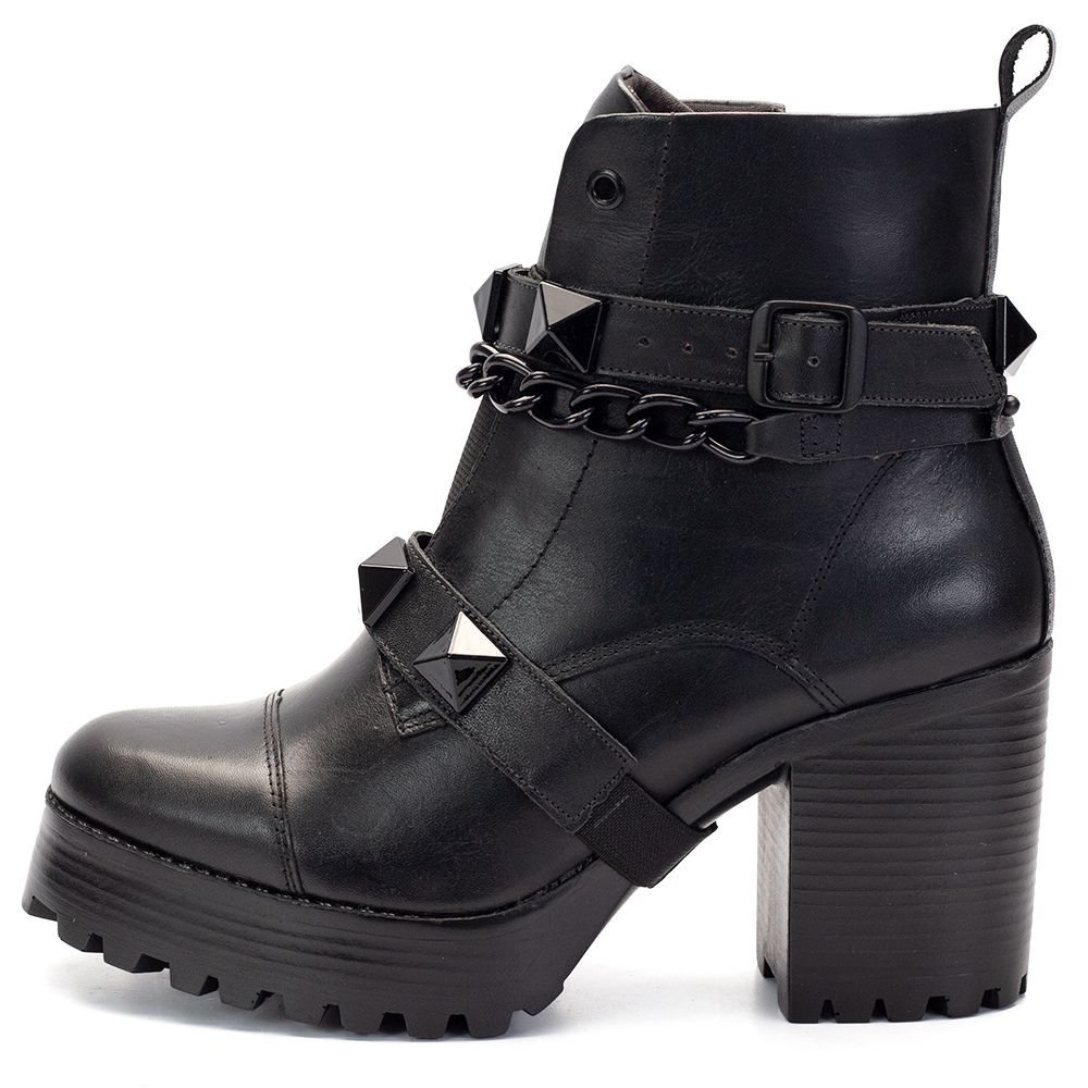 Bota Coturno Couro Feminino Zíper Elástico Frontal Tiras Corrente Spike Removível Salto Tratorado Preto 10