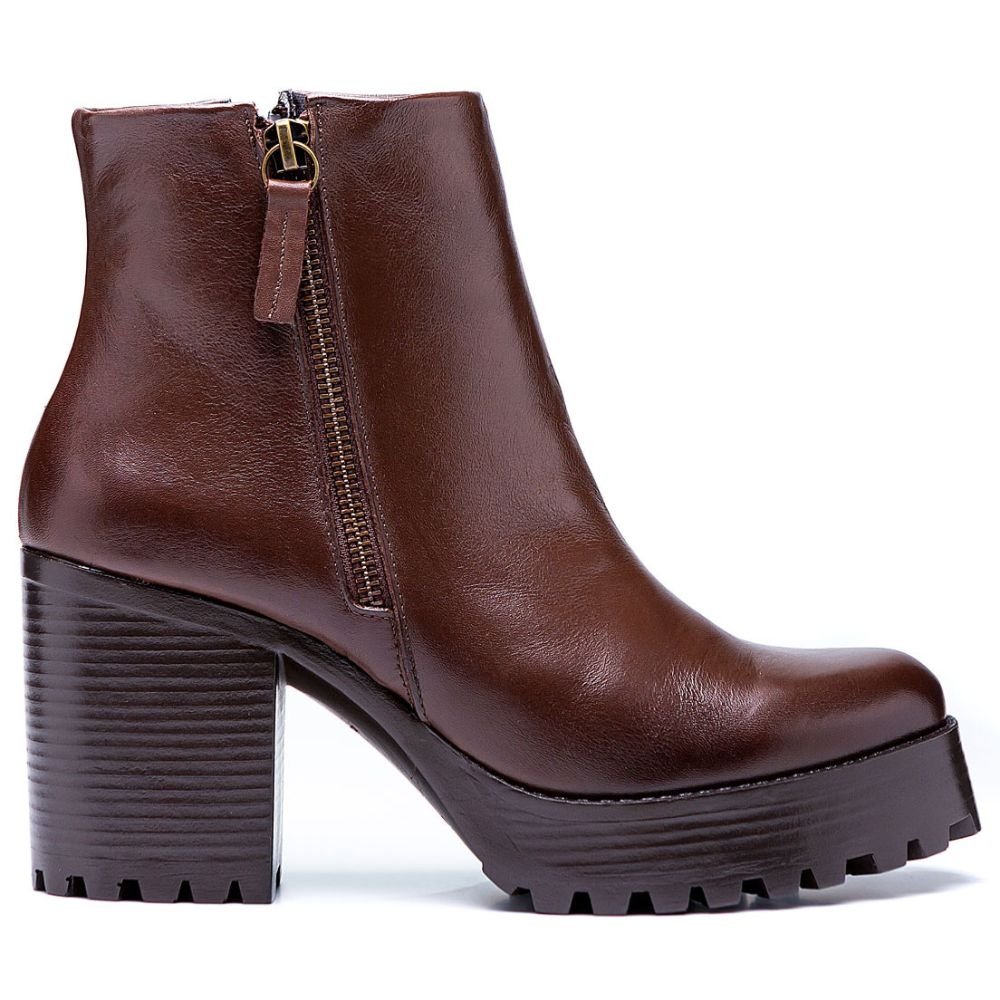Bota Coturno Couro Feminino Zíper Moda Elegante Moderno Resistente Salto Alto Tratorado Marrom 1