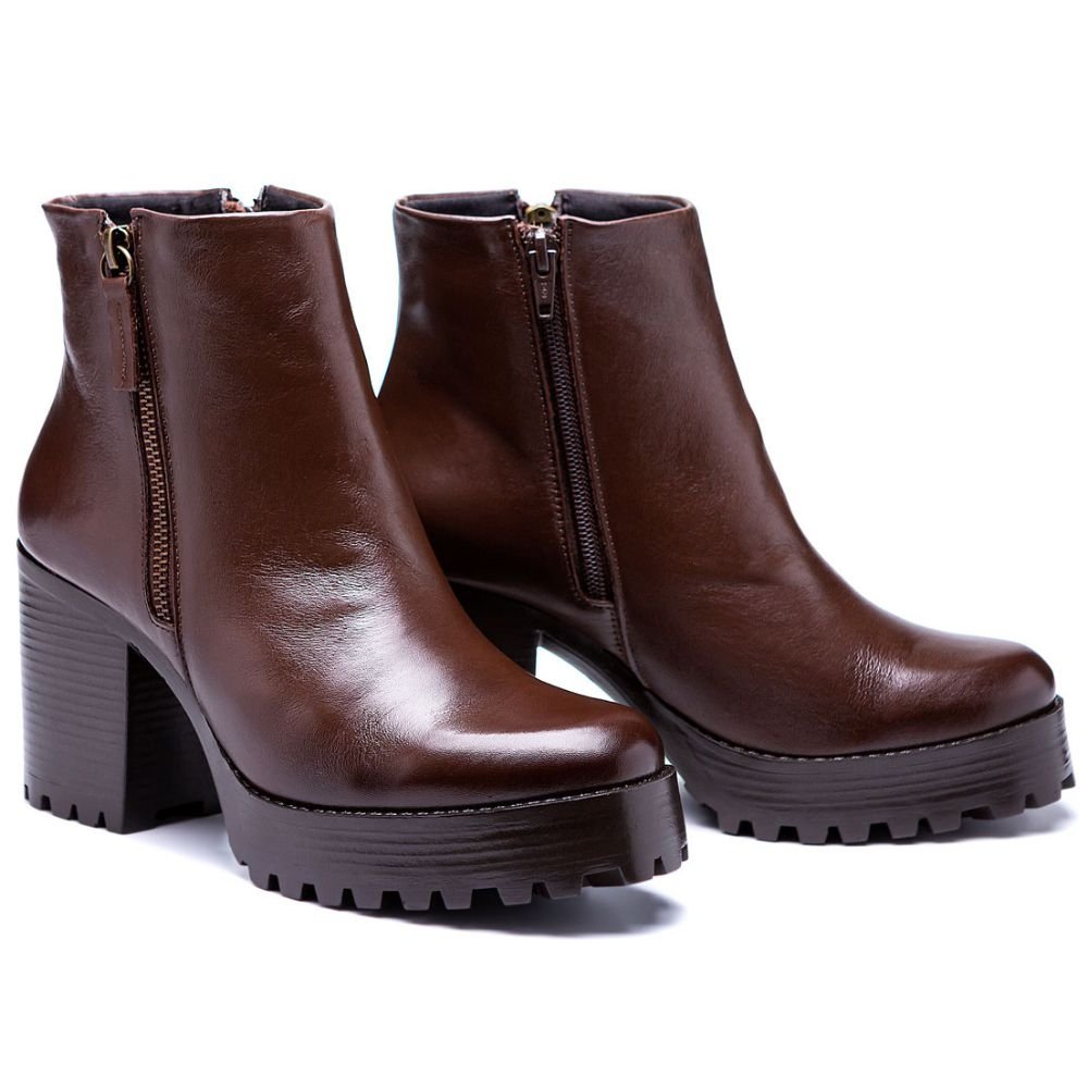Bota Coturno Couro Feminino Zíper Moda Elegante Moderno Resistente Salto Alto Tratorado Marrom 2
