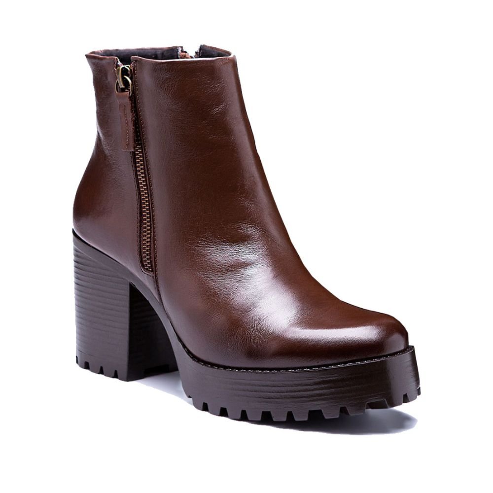 Bota Coturno Couro Feminino Zíper Moda Elegante Moderno Resistente Salto Alto Tratorado Marrom 3