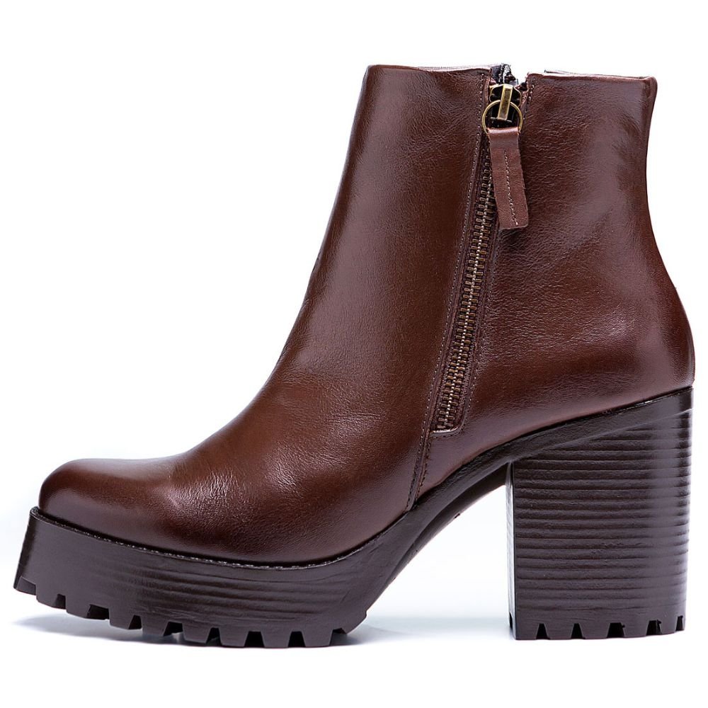Bota Coturno Couro Feminino Zíper Moda Elegante Moderno Resistente Salto Alto Tratorado Marrom 5