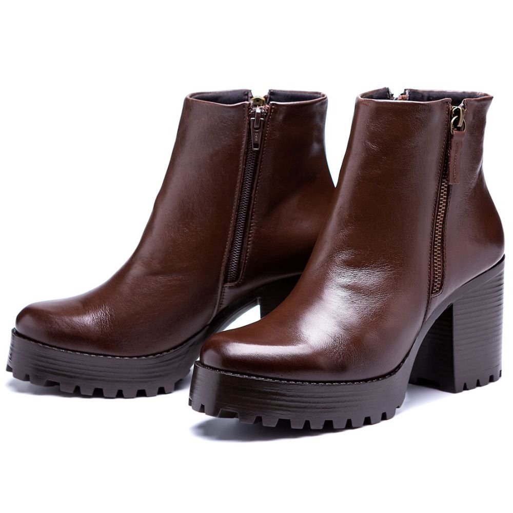 Bota Coturno Couro Feminino Zíper Moda Elegante Moderno Resistente Salto Alto Tratorado Marrom 6