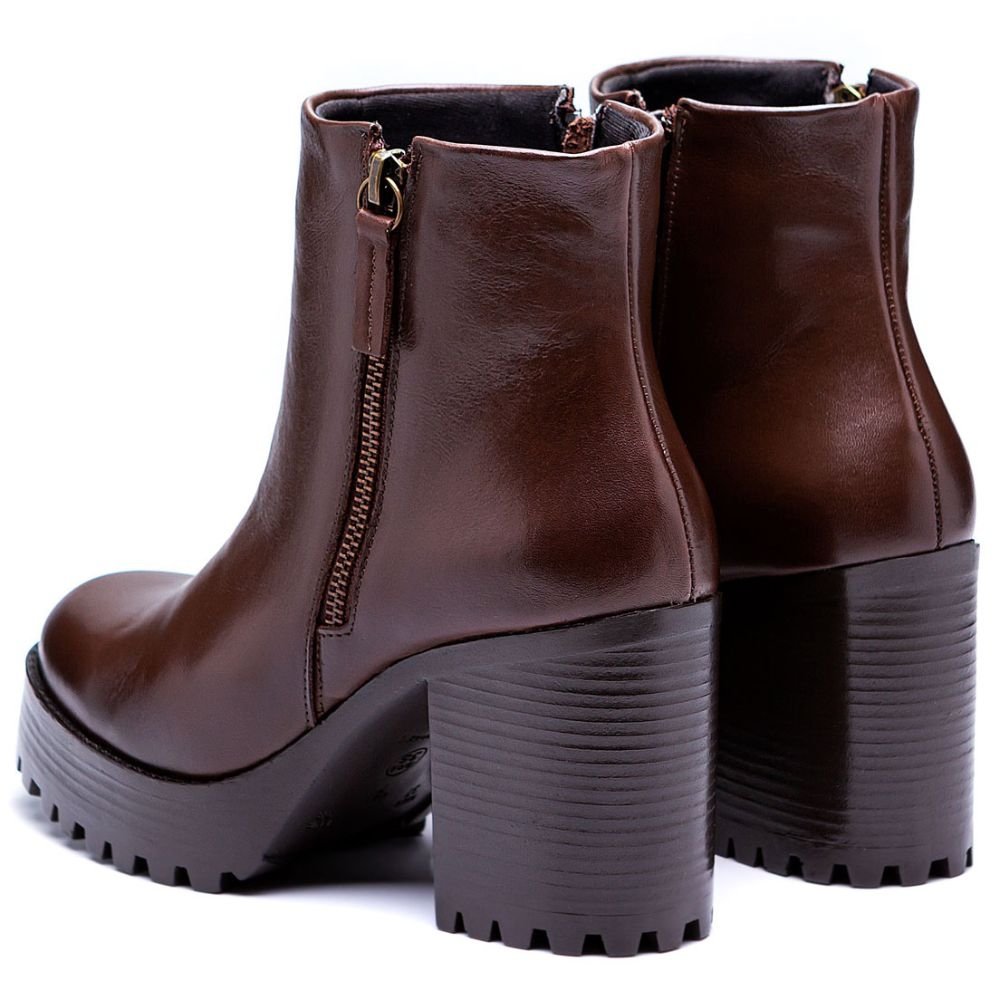 Bota Coturno Couro Feminino Zíper Moda Elegante Moderno Resistente Salto Alto Tratorado Marrom 7