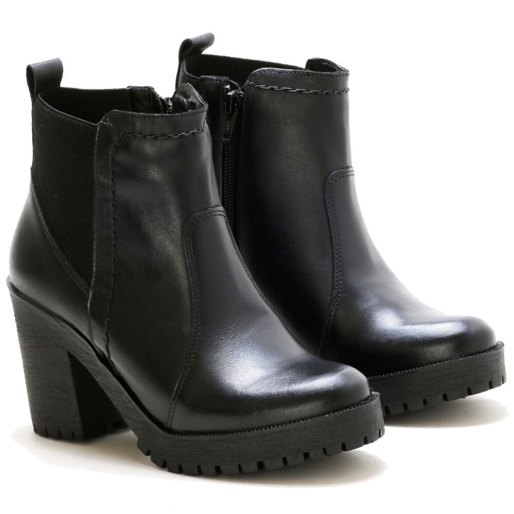 Bota Coturno Couro Feminino Elástico Zíper Moda Elegante Resistente Salto Tratorado Preto 2