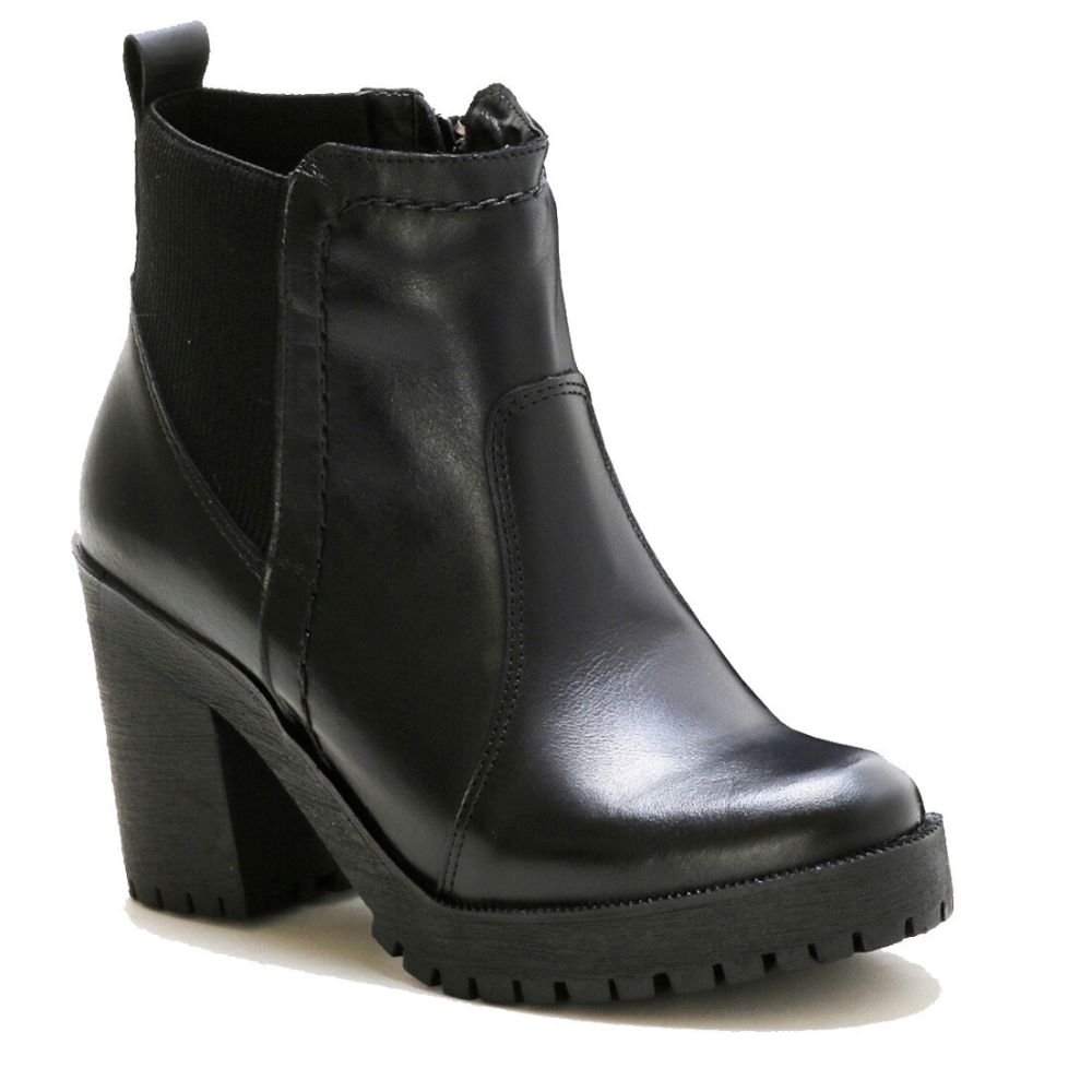 Bota Coturno Couro Feminino Elástico Zíper Moda Elegante Resistente Salto Tratorado Preto 3