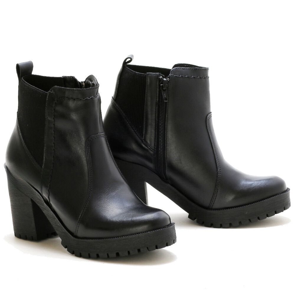 Bota Coturno Couro Feminino Elástico Zíper Moda Elegante Resistente Salto Tratorado Preto 4