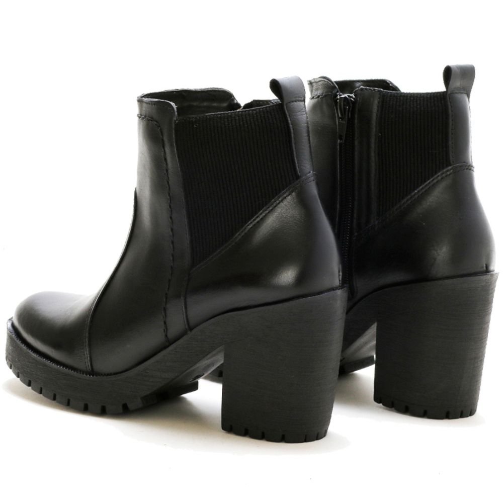 Bota Coturno Couro Feminino Elástico Zíper Moda Elegante Resistente Salto Tratorado Preto 5