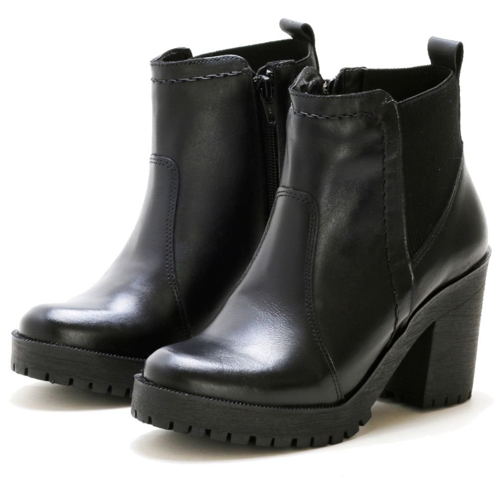 Bota Coturno Couro Feminino Elástico Zíper Moda Elegante Resistente Salto Tratorado Preto 6