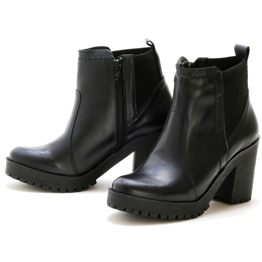 Bota Coturno Couro Feminino Elástico Zíper Moda Elegante Resistente Salto Tratorado Preto 8