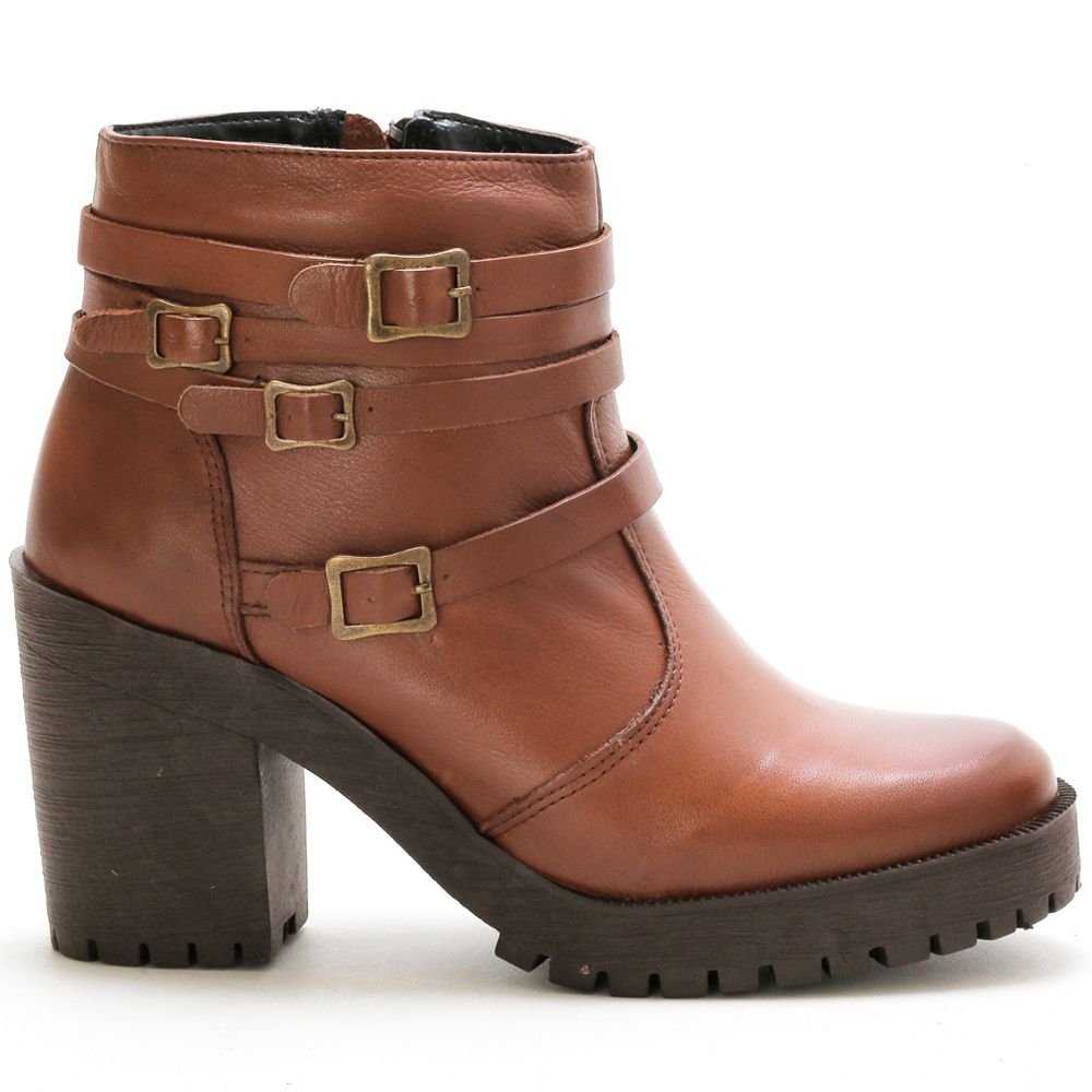 Bota Coturno Couro Feminino Zíper Tiras com Fivela Estilo Fashion Robusto Salto Tratorado Marrom Claro 1