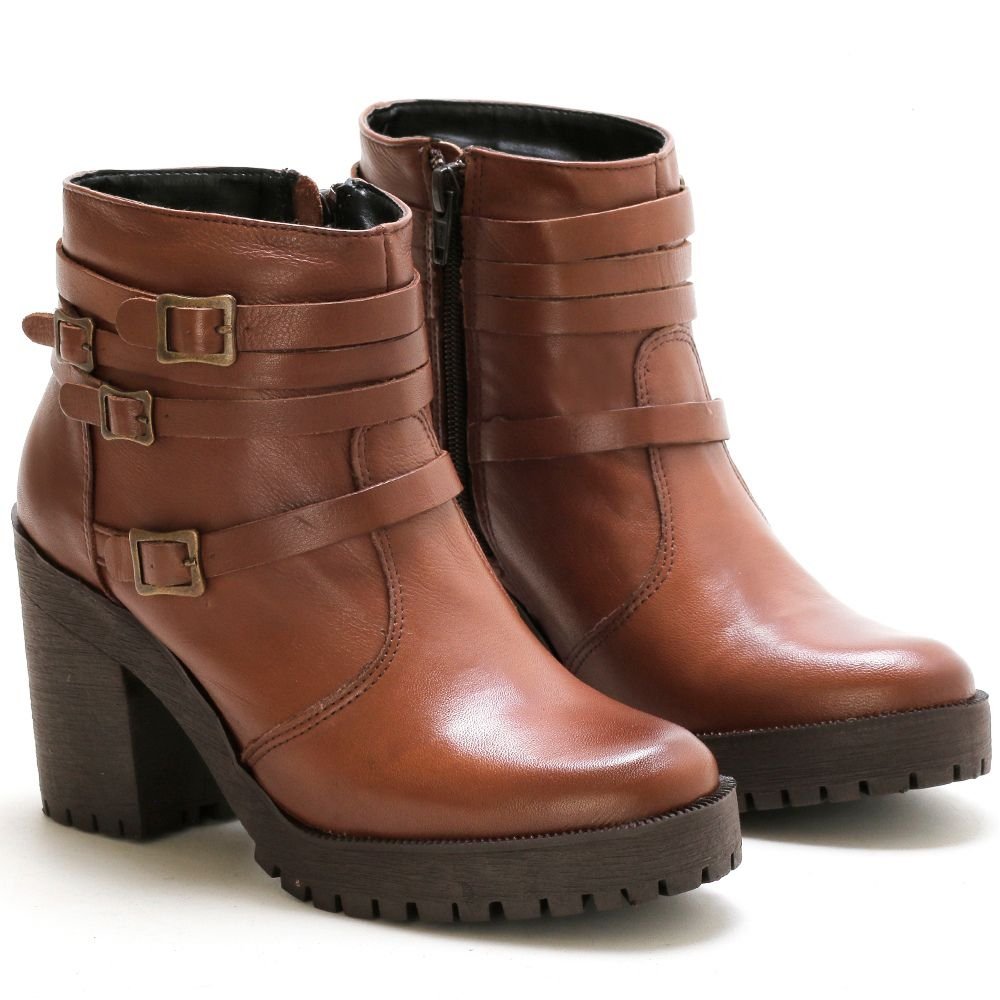Bota Coturno Couro Feminino Zíper Tiras com Fivela Estilo Fashion Robusto Salto Tratorado Marrom Claro 2