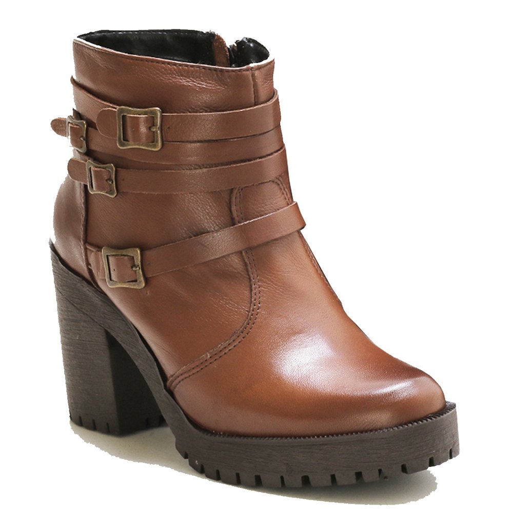 Bota Coturno Couro Feminino Zíper Tiras com Fivela Estilo Fashion Robusto Salto Tratorado Marrom Claro 3