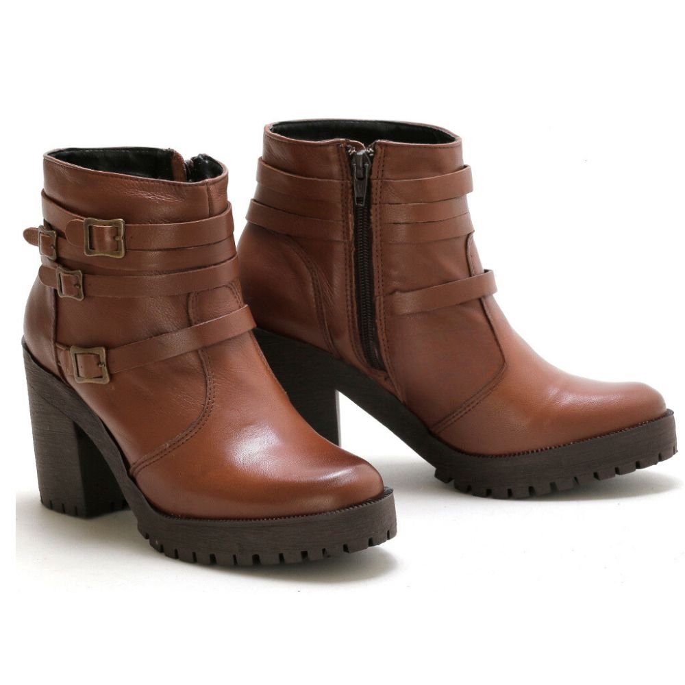 Bota Coturno Couro Feminino Zíper Tiras com Fivela Estilo Fashion Robusto Salto Tratorado Marrom Claro 4