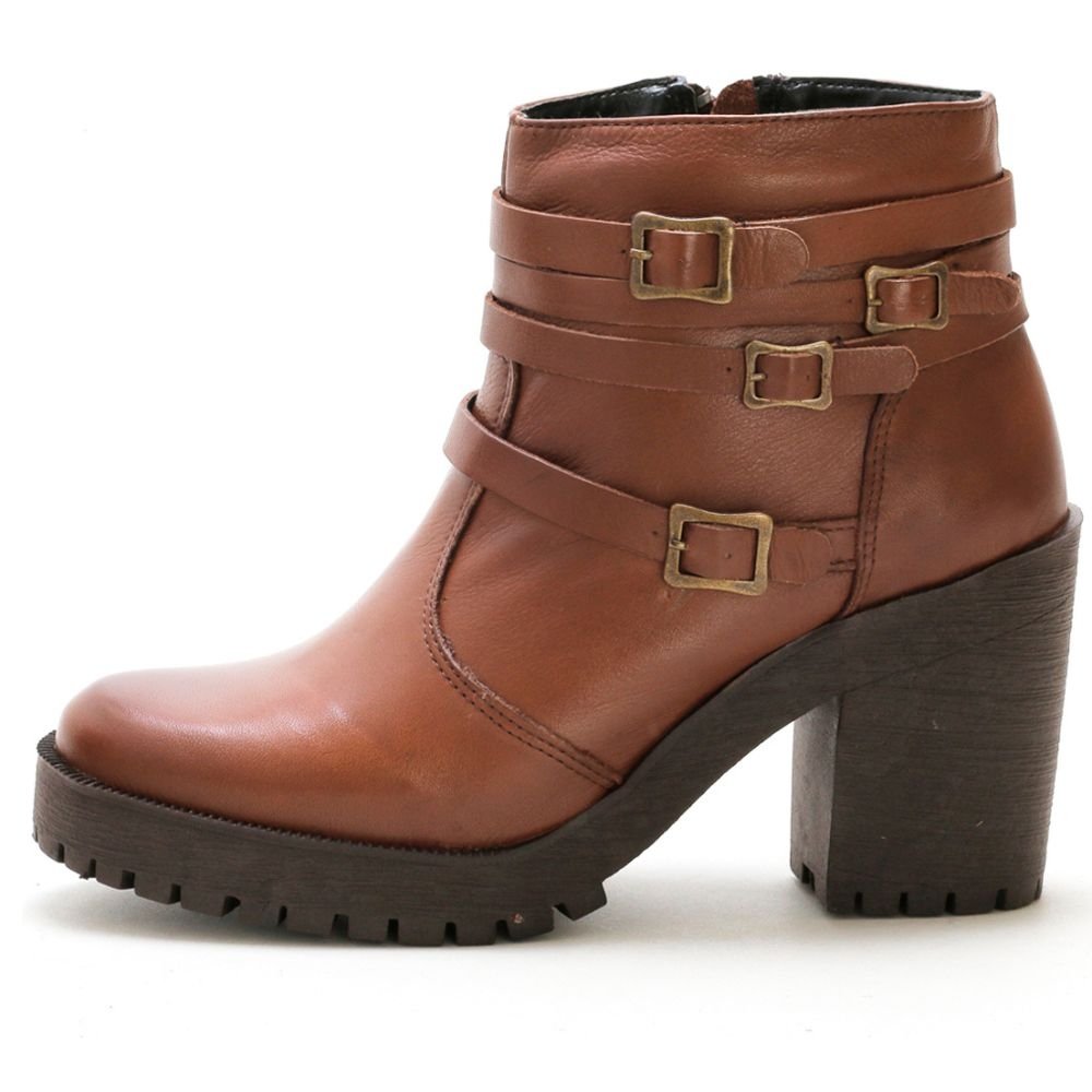 Bota Coturno Couro Feminino Zíper Tiras com Fivela Estilo Fashion Robusto Salto Tratorado Marrom Claro 5