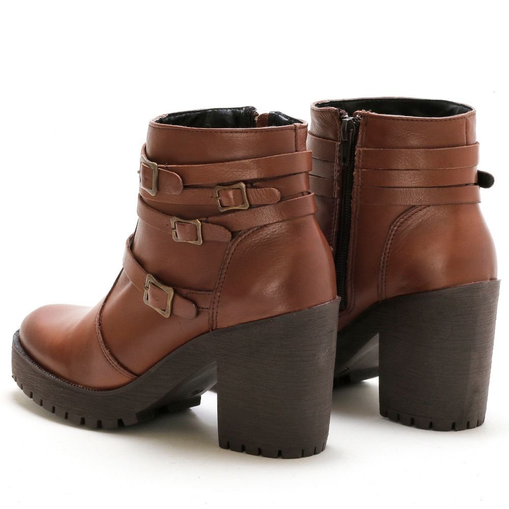 Bota Coturno Couro Feminino Zíper Tiras com Fivela Estilo Fashion Robusto Salto Tratorado Marrom Claro 6