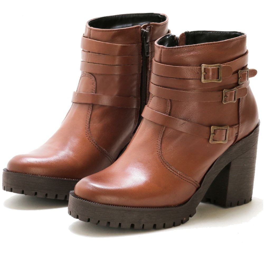Bota Coturno Couro Feminino Zíper Tiras com Fivela Estilo Fashion Robusto Salto Tratorado Marrom Claro 7