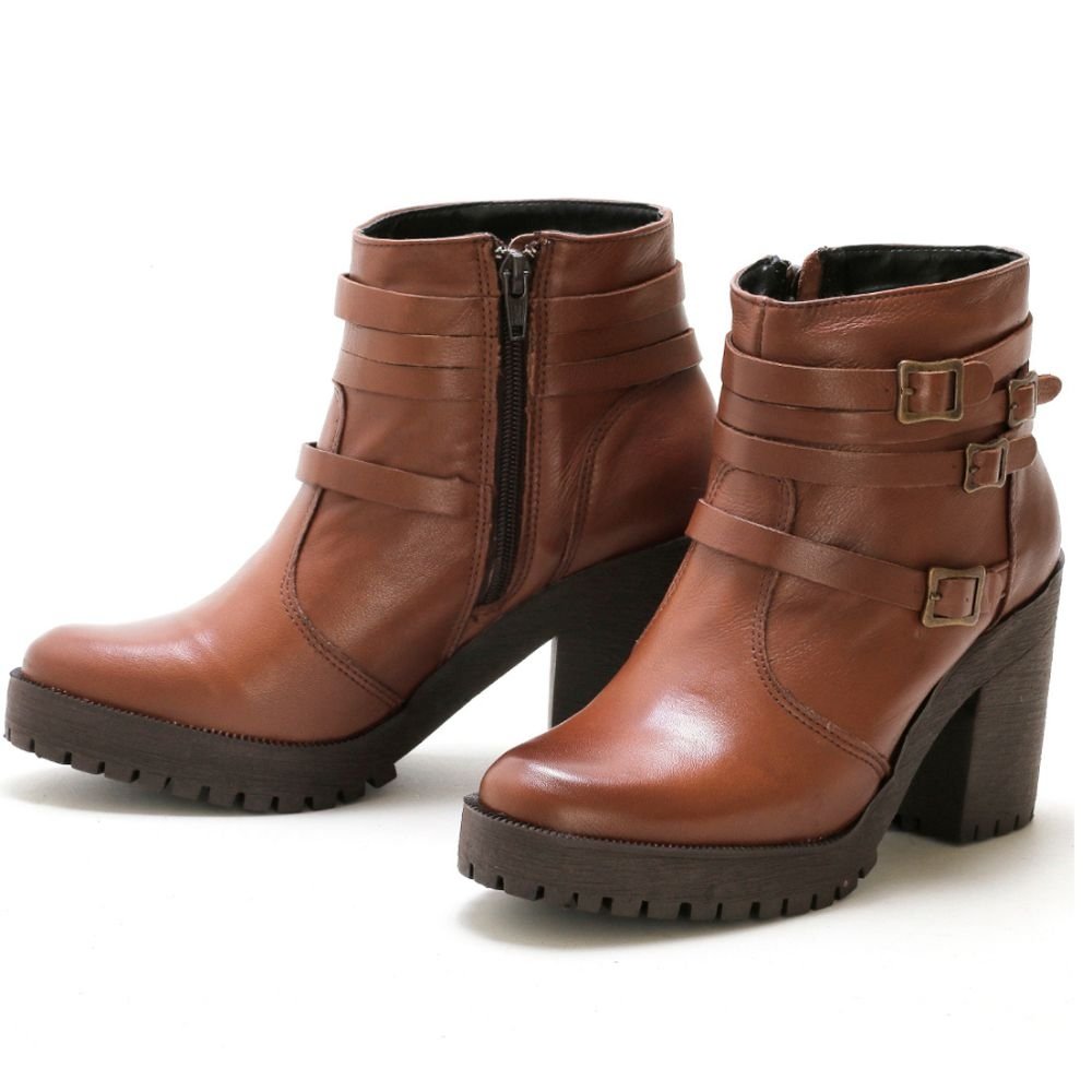 Bota Coturno Couro Feminino Zíper Tiras com Fivela Estilo Fashion Robusto Salto Tratorado Marrom Claro 8