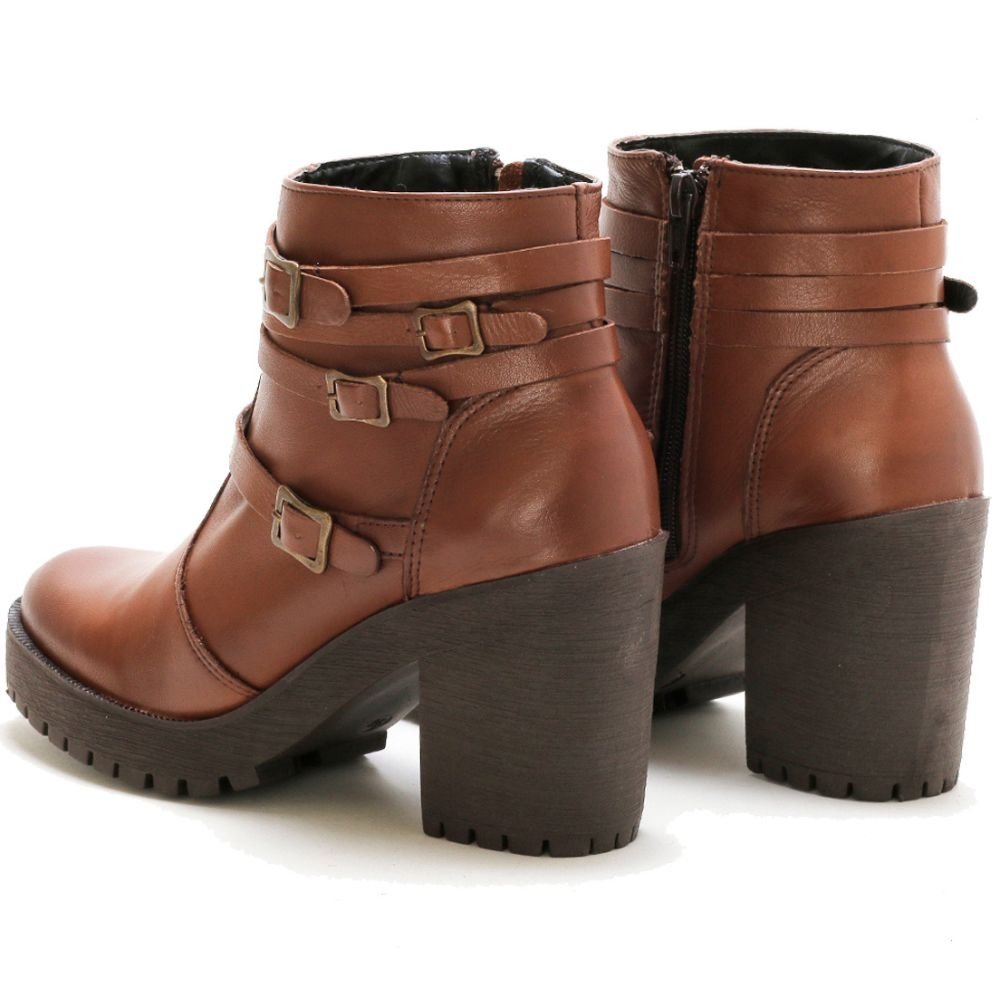 Bota Coturno Couro Feminino Zíper Tiras com Fivela Estilo Fashion Robusto Salto Tratorado Marrom Claro 9