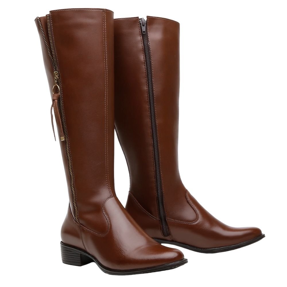 Bota Montaria Couro Feminino Cano Alto Zíper Lateral Moda Inverno Elegante Salto Baixo Marrom 2