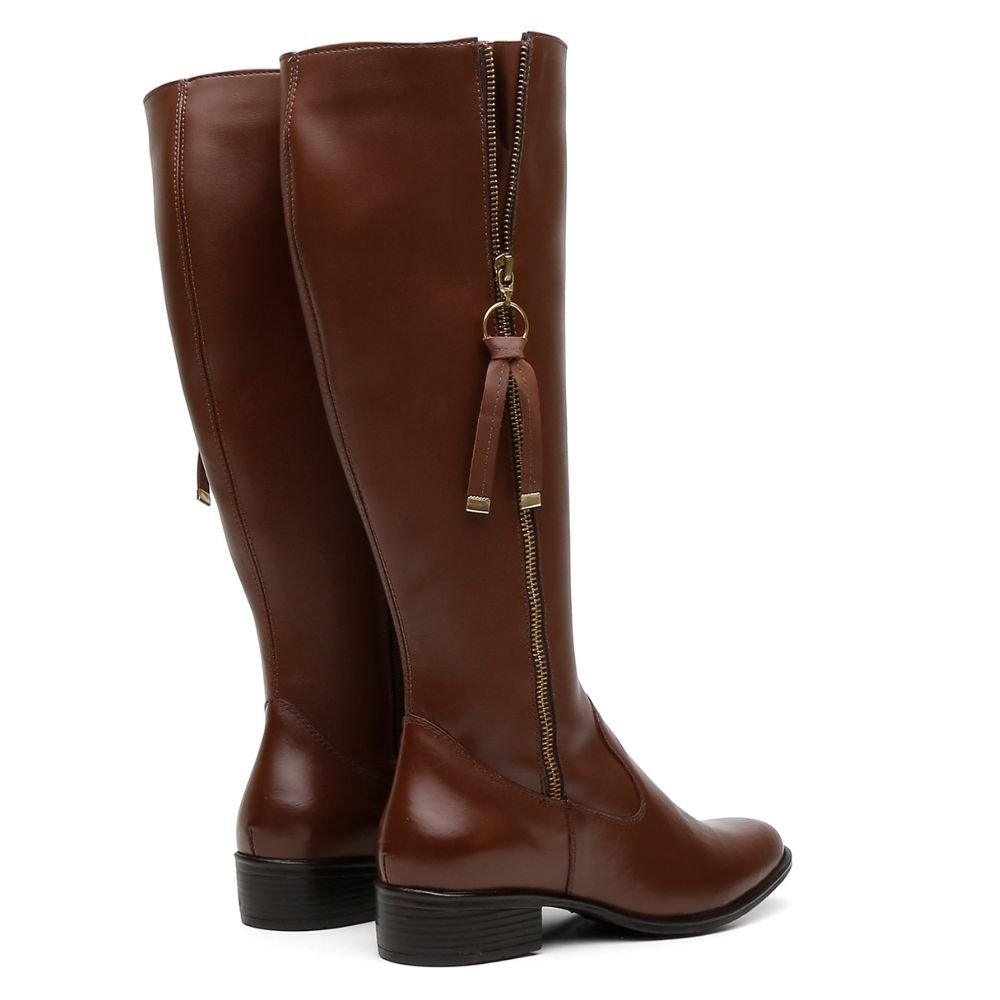 Bota Montaria Couro Feminino Cano Alto Zíper Lateral Moda Inverno Elegante Salto Baixo Marrom 3