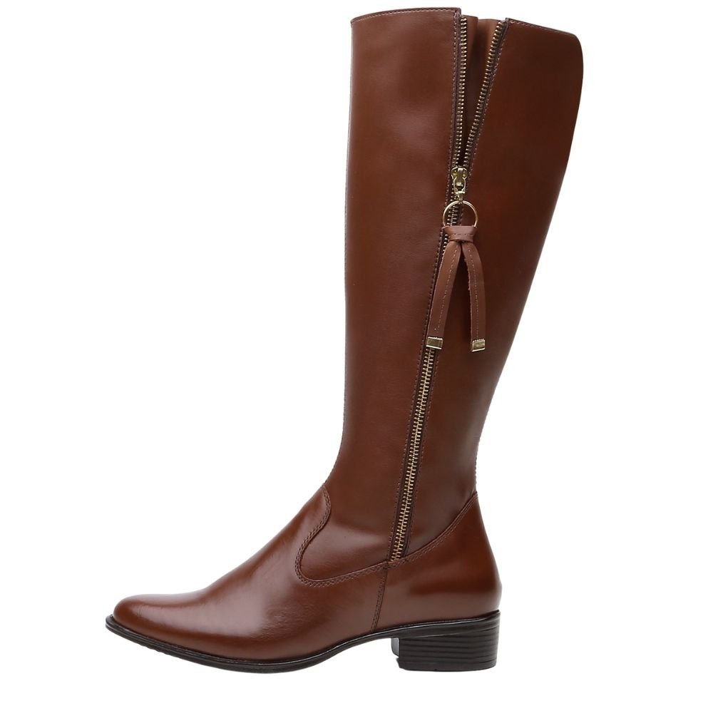 Bota Montaria Couro Feminino Cano Alto Zíper Lateral Moda Inverno Elegante Salto Baixo Marrom 4