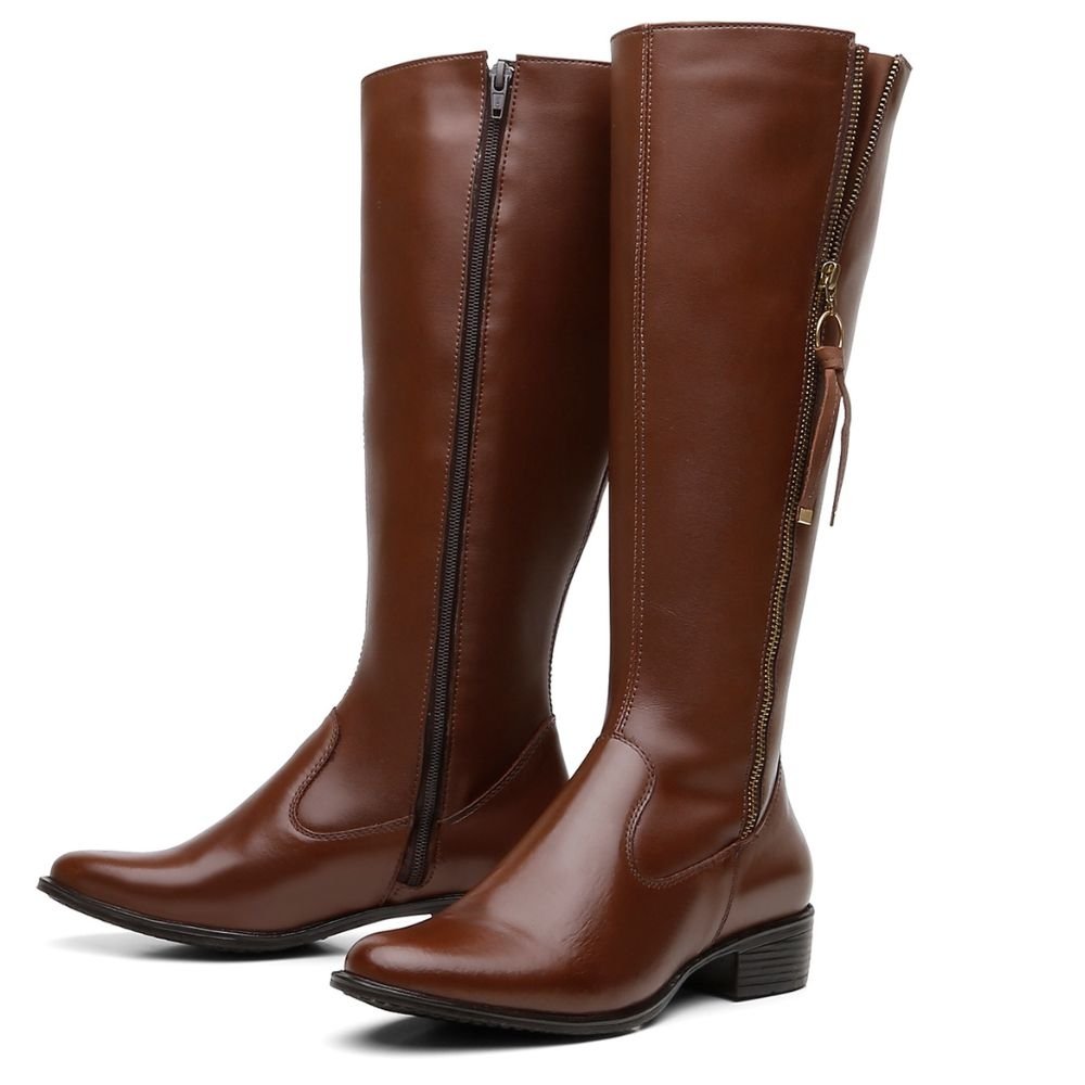 Bota Montaria Couro Feminino Cano Alto Zíper Lateral Moda Inverno Elegante Salto Baixo Marrom 5