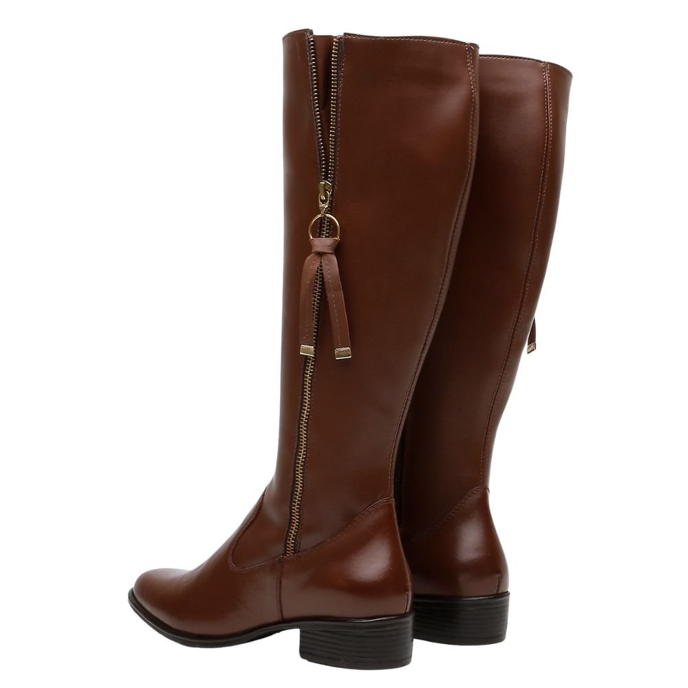Bota Montaria Couro Feminino Cano Alto Zíper Lateral Moda Inverno Elegante Salto Baixo Marrom 6