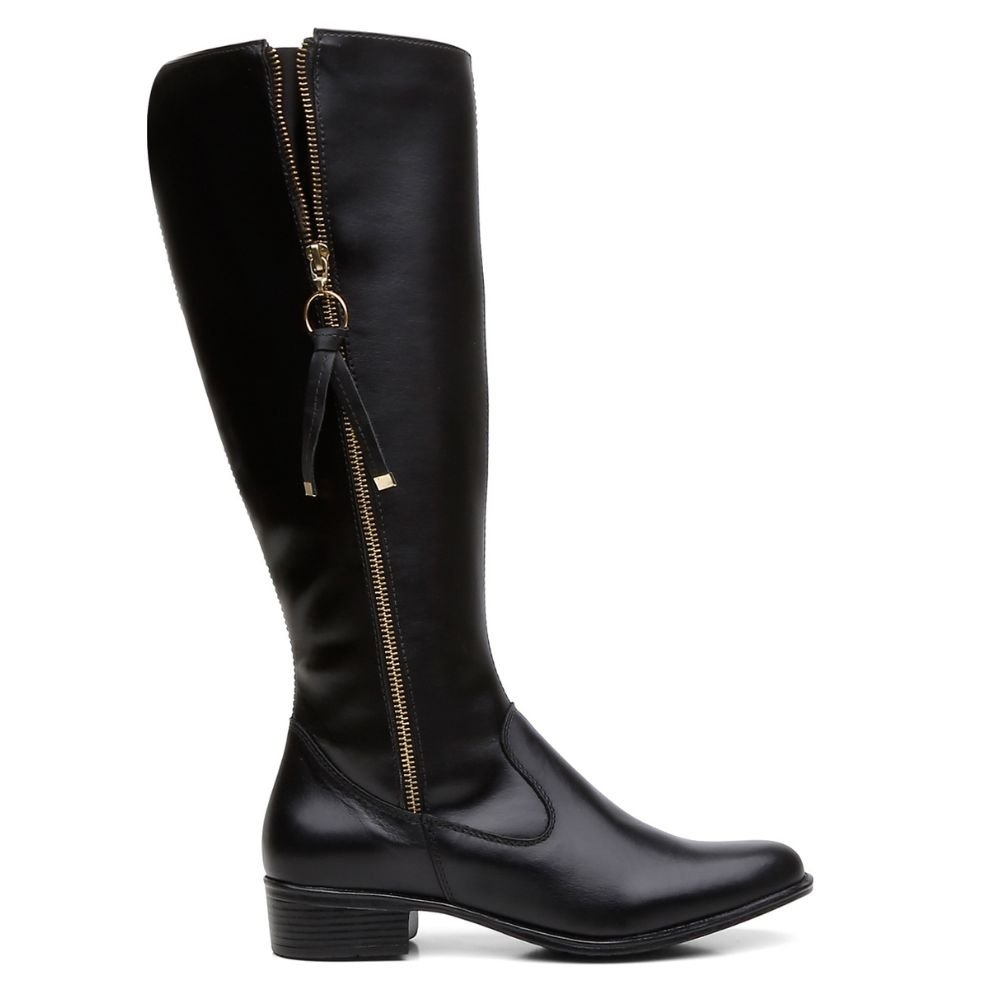 Bota Montaria Couro Feminino Cano Alto Zíper Lateral Moda Inverno Elegante Salto Baixo Preto 1