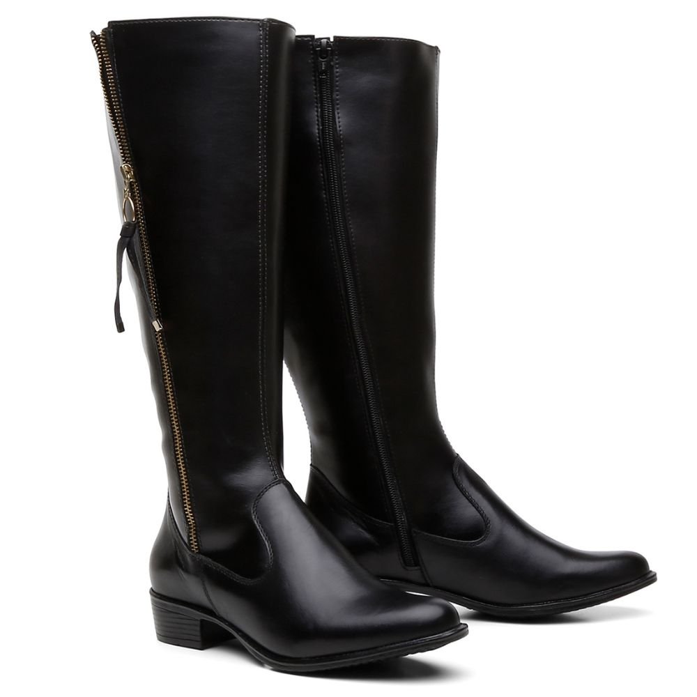 Bota Montaria Couro Feminino Cano Alto Zíper Lateral Moda Inverno Elegante Salto Baixo Preto 2