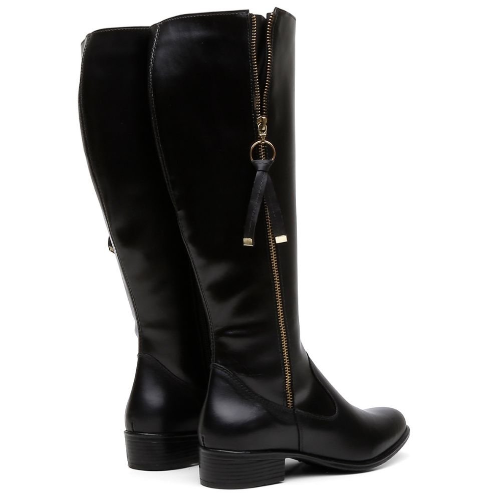 Bota Montaria Couro Feminino Cano Alto Zíper Lateral Moda Inverno Elegante Salto Baixo Preto 3