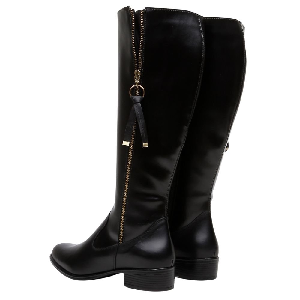 Bota Montaria Couro Feminino Cano Alto Zíper Lateral Moda Inverno Elegante Salto Baixo Preto 4