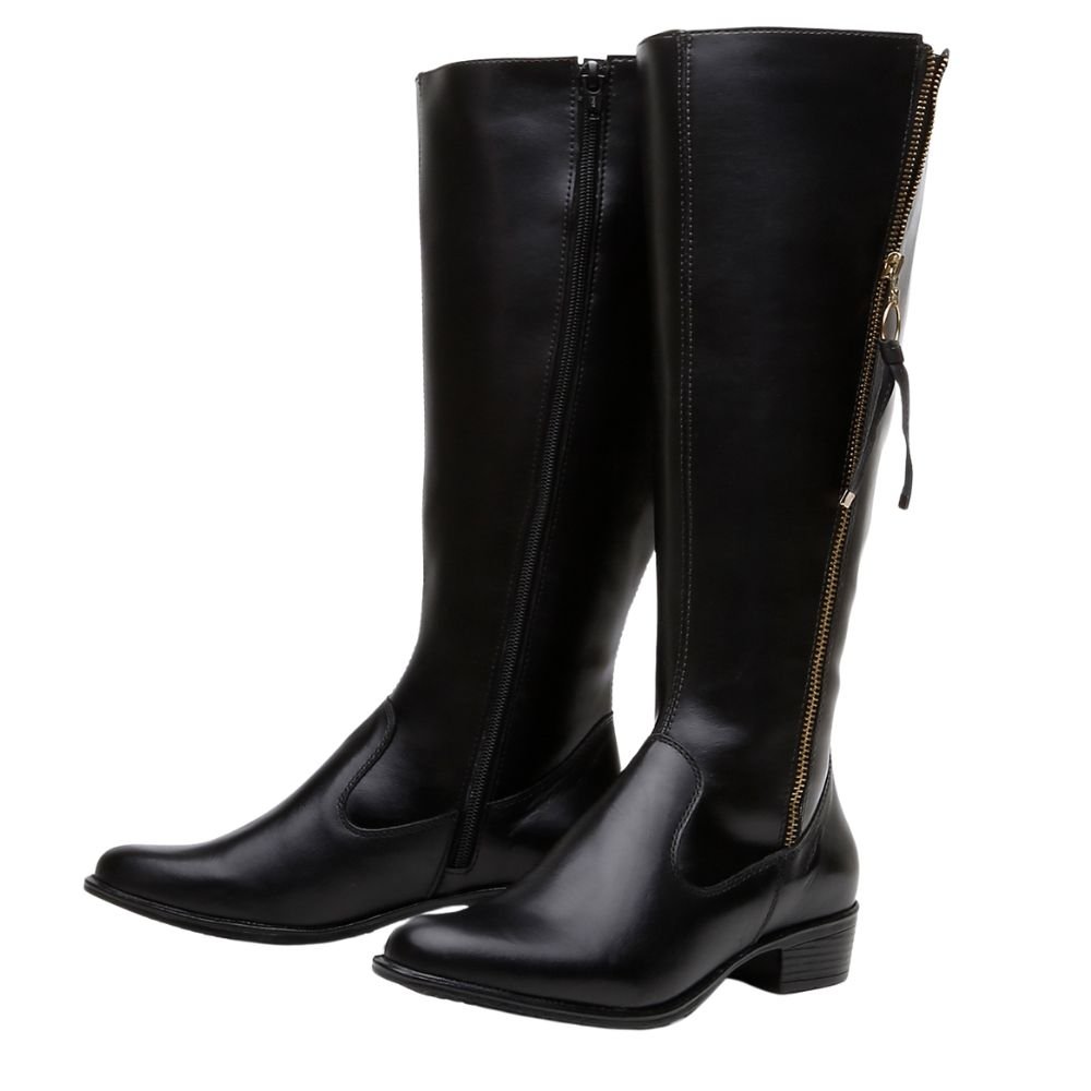 Bota Montaria Couro Feminino Cano Alto Zíper Lateral Moda Inverno Elegante Salto Baixo Preto 6