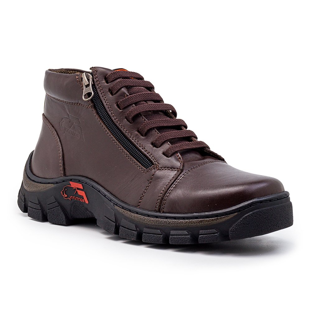 Bota Coturno Couro Masculino Cadarço Zíper Lateral Moda Urbano Resistente Sola Tratorada Marrom 1