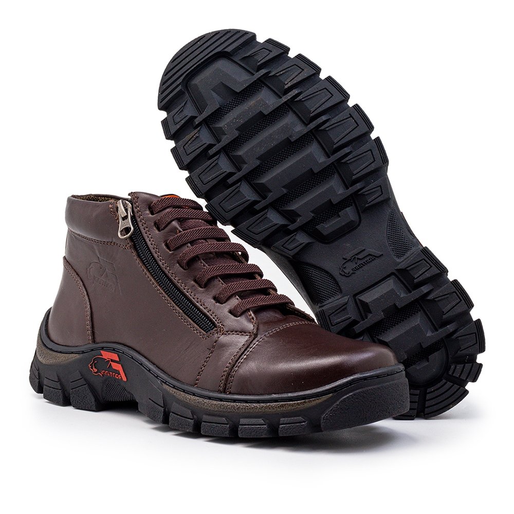 Bota Coturno Couro Masculino Cadarço Zíper Lateral Moda Urbano Resistente Sola Tratorada Marrom 2