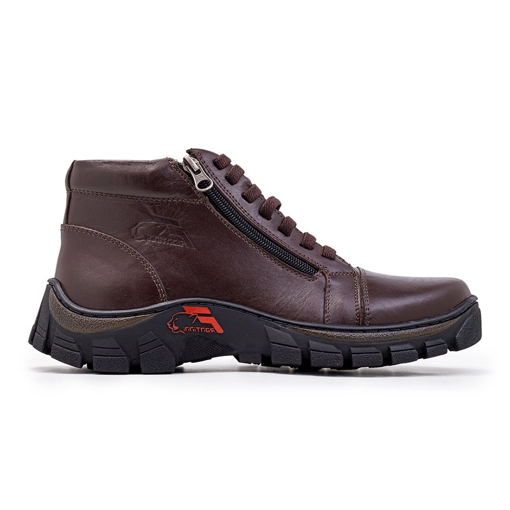 Bota Coturno Couro Masculino Cadarço Zíper Lateral Moda Urbano Resistente Sola Tratorada Marrom 3