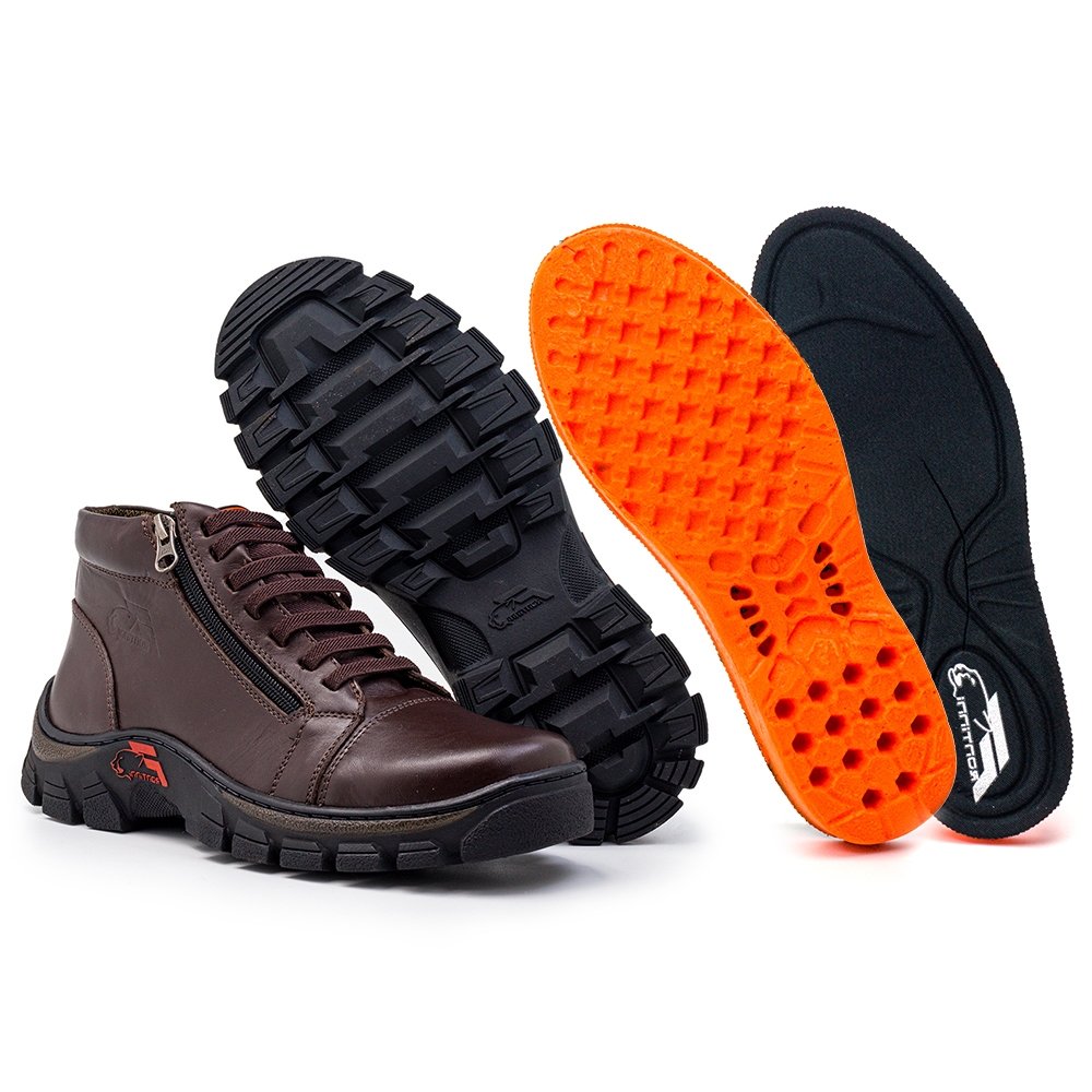 Bota Coturno Couro Masculino Cadarço Zíper Lateral Moda Urbano Resistente Sola Tratorada Marrom 4
