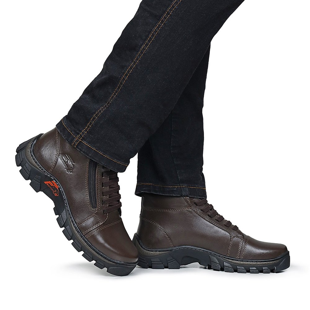Bota Coturno Couro Masculino Cadarço Zíper Lateral Moda Urbano Resistente Sola Tratorada Marrom 6