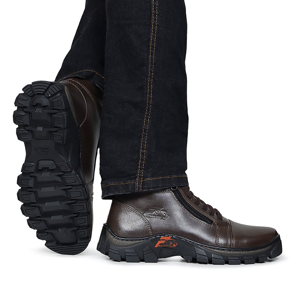Bota Coturno Couro Masculino Cadarço Zíper Lateral Moda Urbano Resistente Sola Tratorada Marrom 7