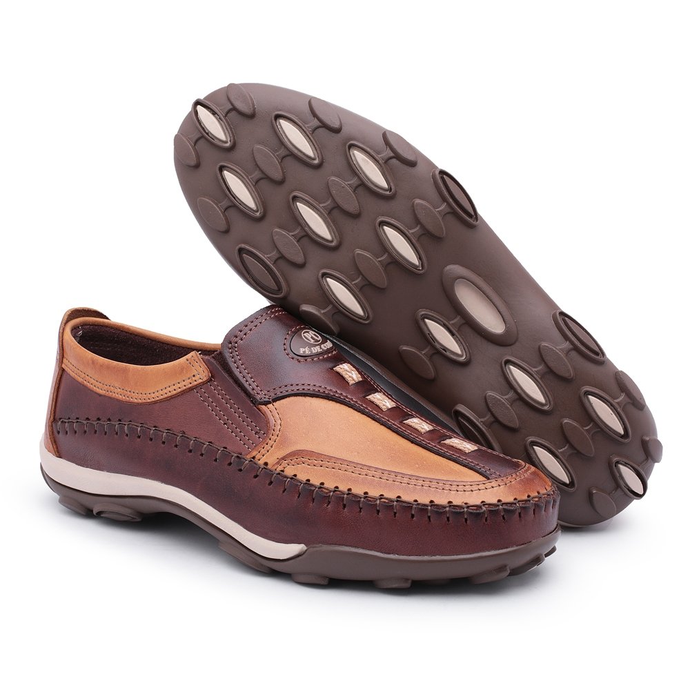 Sapatilha Mocassim em Couro Masculino Elástico Calce Fácil Costura Resistente Confortável Caramelo 2