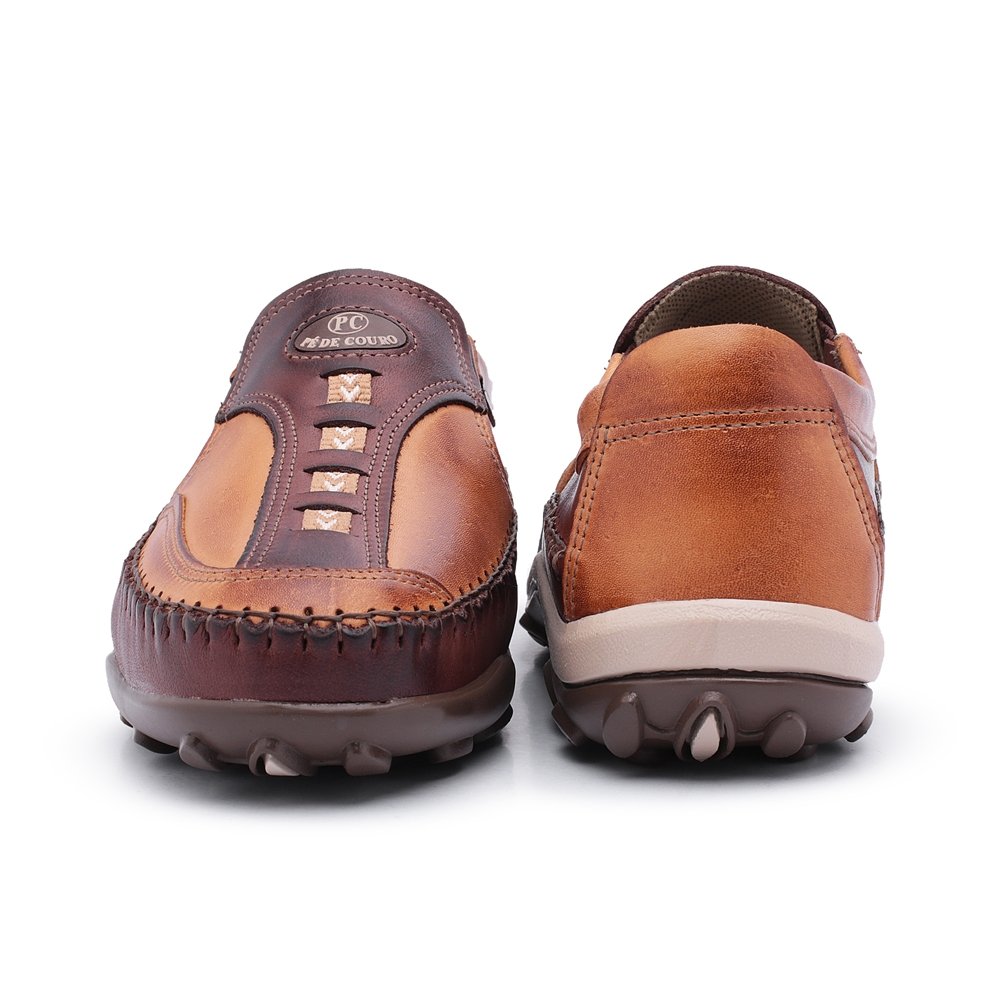 Sapatilha Mocassim em Couro Masculino Elástico Calce Fácil Costura Resistente Confortável Caramelo 4