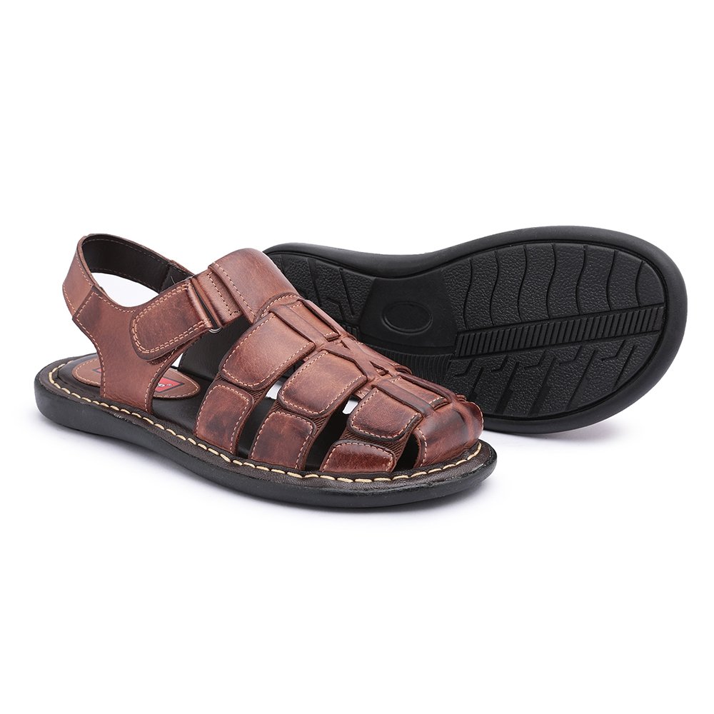 Sandália Casual em Couro Anatômica Masculino Tiras Grossa Super Confortável Marrom 2