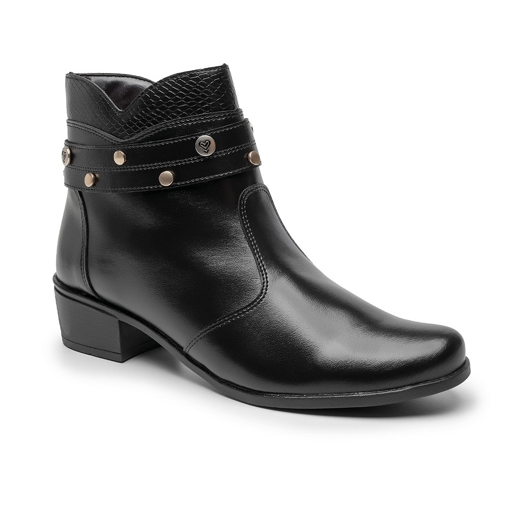 Bota Social Feminino Cano Curto Zíper Detalhes Tira e Rebite Elegante Confortável Salto Baixo