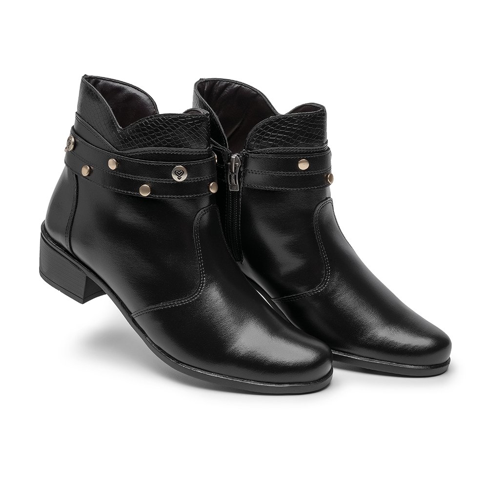 Bota Social Feminino Cano Curto Zíper Detalhes Tira e Rebite Elegante Confortável Salto Baixo Preto 2
