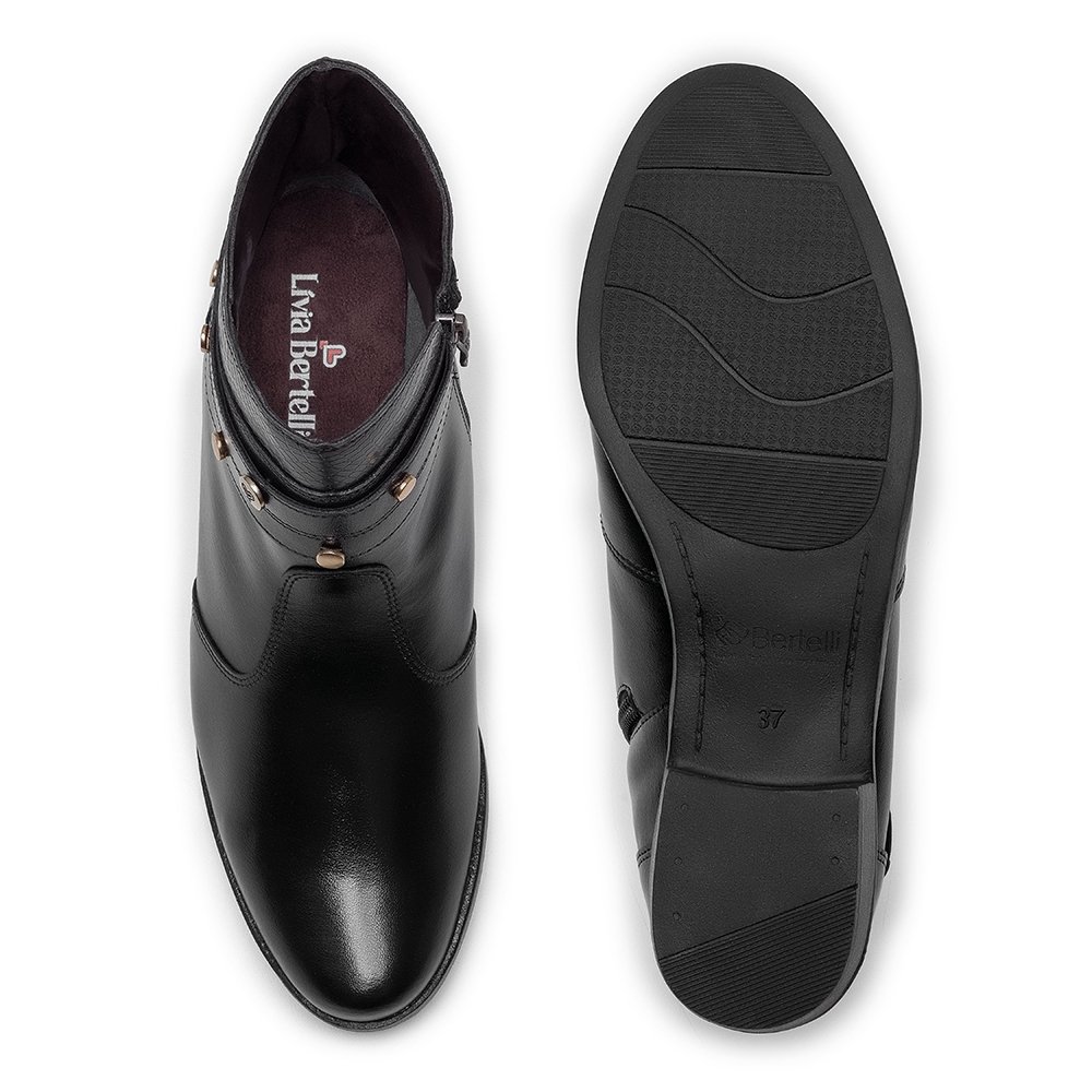 Bota Social Feminino Cano Curto Zíper Detalhes Tira e Rebite Elegante Confortável Salto Baixo Preto 3