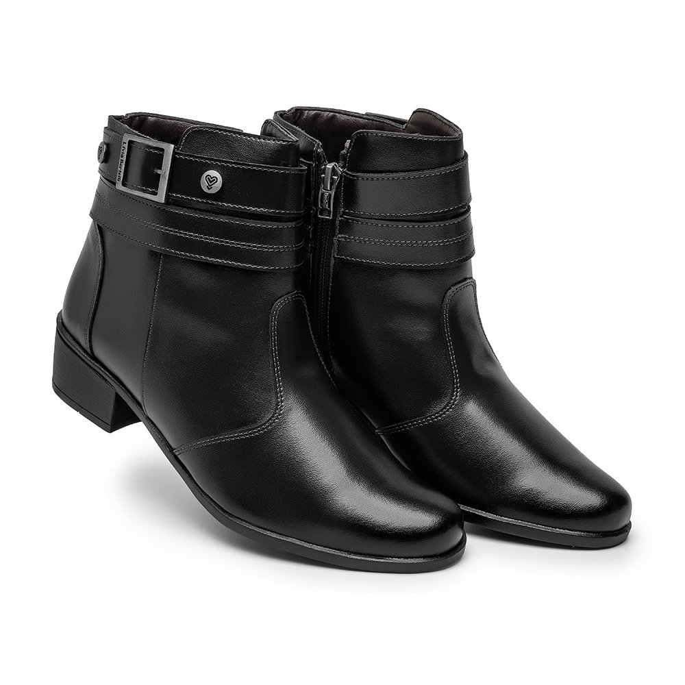 Bota Social Feminino Cano Curto Zíper Detalhes Tiras e Fivela Confortável Salto Baixo Preto 2
