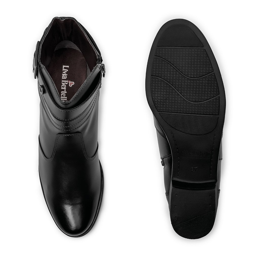 Bota Social Feminino Cano Curto Zíper Detalhes Tiras e Fivela Confortável Salto Baixo Preto 3