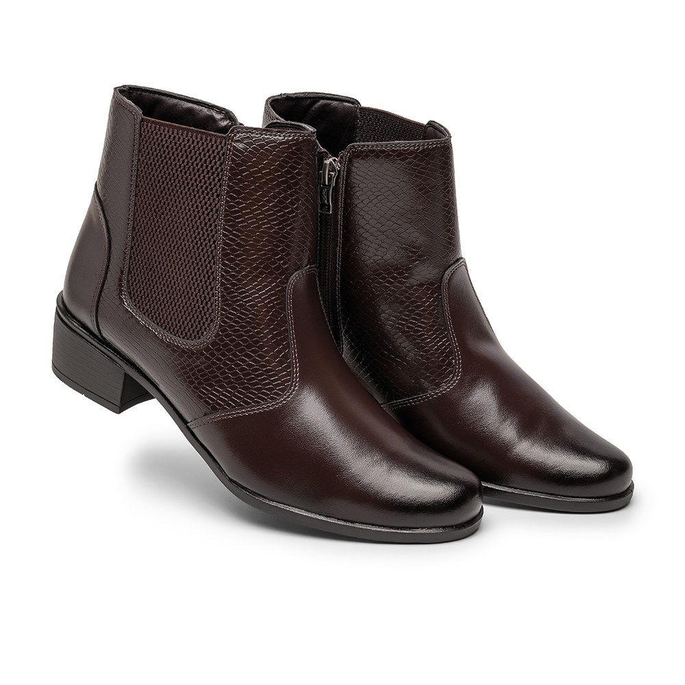 Bota Social Croco Feminino Cano Curto Zíper Elástico Moda Elegante Salto Baixo Marrom 2